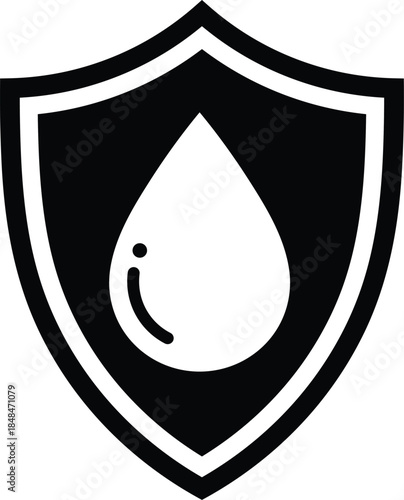 Black shield with white water drop symbol inside protection