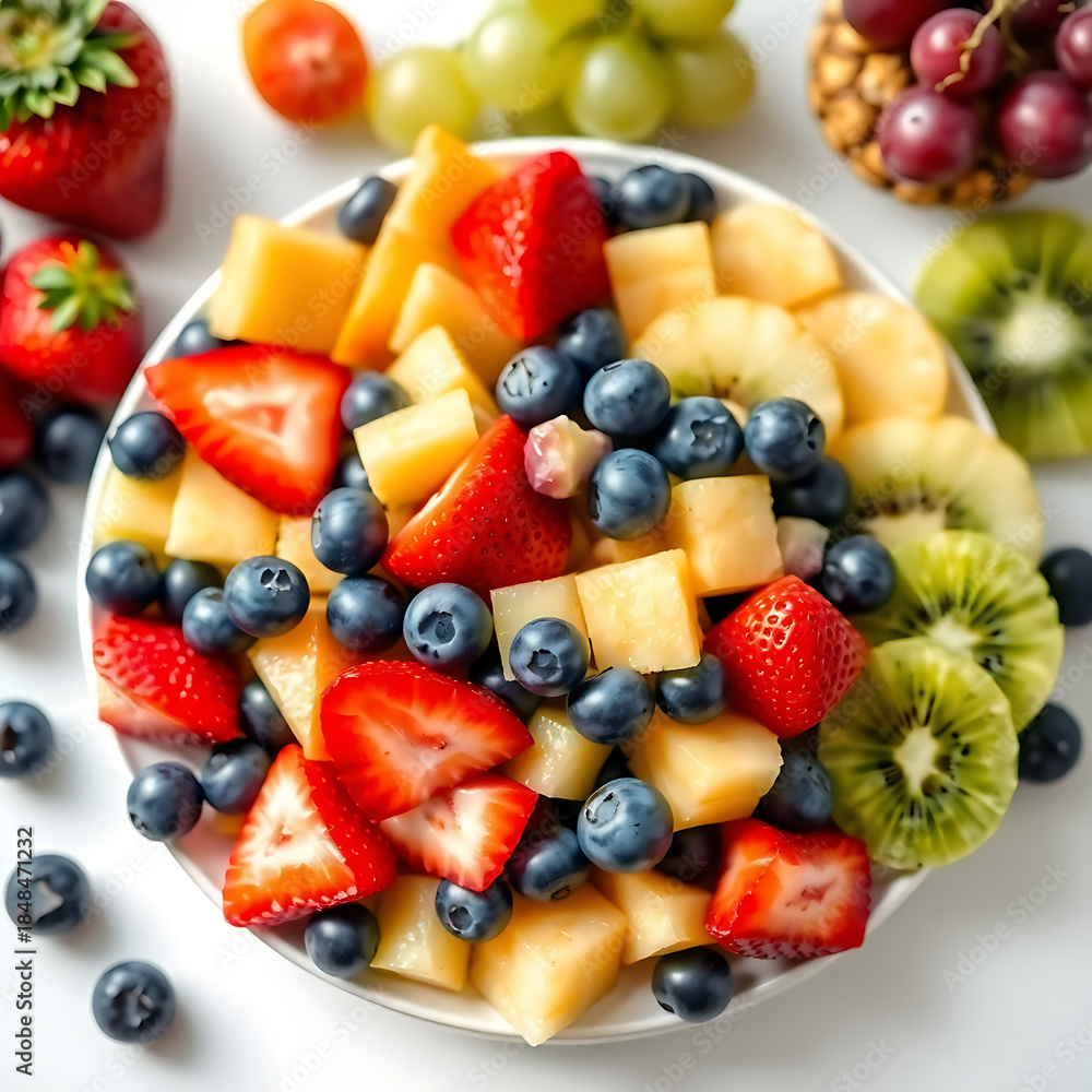 Obraz premium Fresh fruit salad with strawberries blueberries pineapple kiwi on white plate