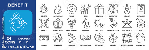 Benefit icon collection set. containing value, reward, incentive, profit, compensation, growth, efficiency, satisfaction, and motivation. outline vector illustration
