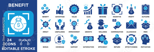 Benefit icon collection set. containing value, reward, incentive, profit, compensation, growth, efficiency, satisfaction, and motivation concepts. editable stroke vector