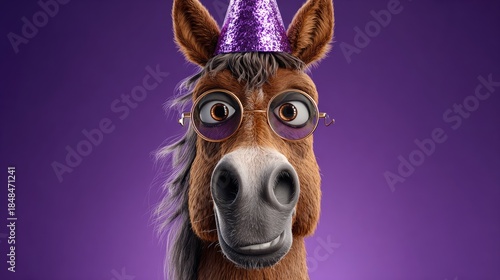 Cartoon horse portrait with party hat and glasses on purple background