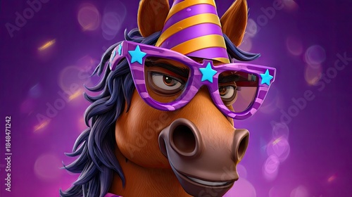 Cartoon horse with party hat and sunglasses on purple background
