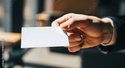 Business professional offering a blank business card for contact information exchange in a modern office setting