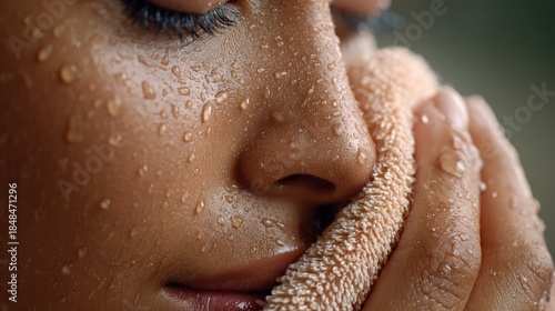 Close up of a persons face with water droplets and a towel