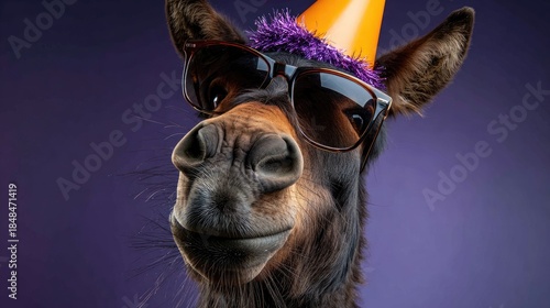 Donkey with sunglasses and party hat portrait against purple background