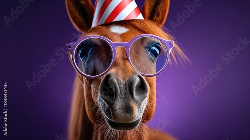 Equine portrait with eyeglasses and party hat on purple backdrop