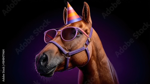 Equine portrait with party accessories against dark background