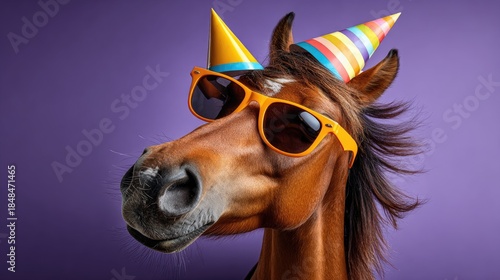 Equine portrait with party accessories against a simple background