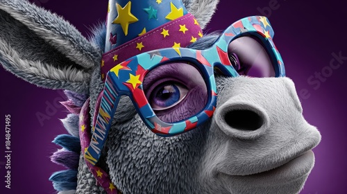 Festive donkey portrait with colorful accessories and party hat