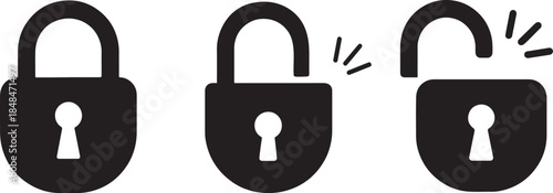 Black silhouette locked and unlocked padlock icons isolated on white background, security symbol.