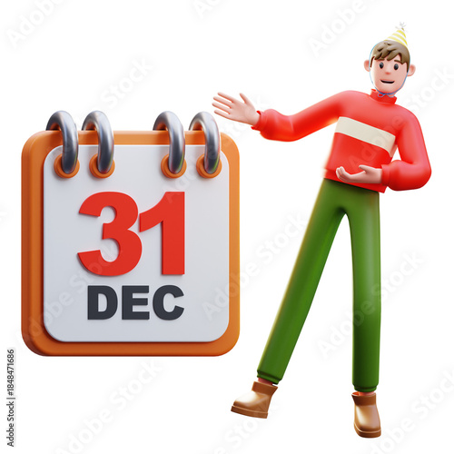 3d Illustration of Male Character Presenting December 31 Calendar New Year