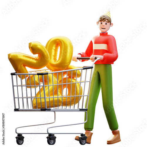 3d Illustration of Male Character Pushing Shopping Cart With 2026 Balloons