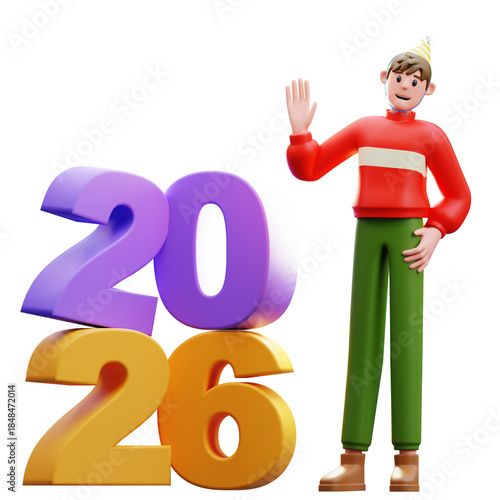 3d Illustration of Male Character Standing Beside 2026 Numbers New Year