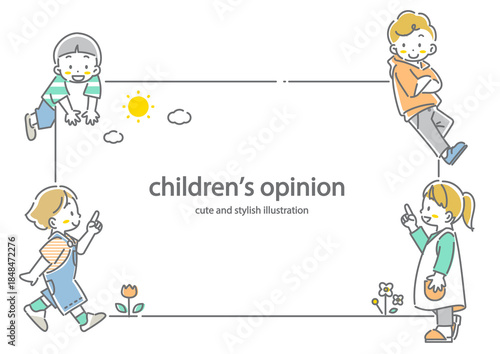 Cute elementary school children frame - Stylish and cute line drawing illustration
