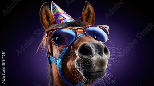 Festive horse portrait with sunglasses and party hat
