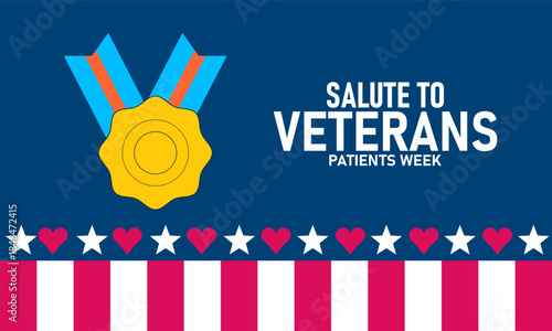 National Salute to Veteran Patients Poster Banner and Background Design Template Featuring Military Ribbon and Healthcare Icons Illustration for Veteran Recognition, Appreciation, and February Celebra