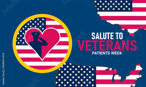 National Salute to Veteran Patients Poster Banner and Background Design Template Featuring Military Ribbon and Healthcare Icons Illustration for Veteran Recognition, Appreciation, and February Celebra