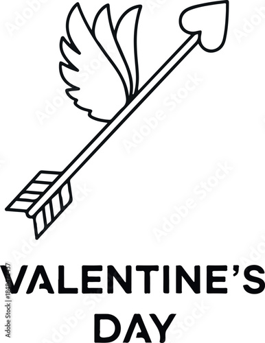 Black and white line of an arrow with feather and heart tip for Valentines Day line black and white
