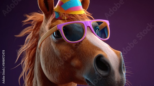 Festive horse portrait with sunglasses and party hat