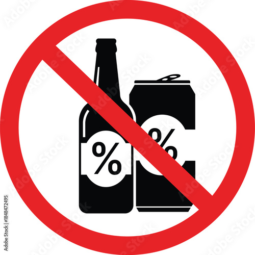 Red prohibition circle with black bottle and can symbols forbidden no alcohol