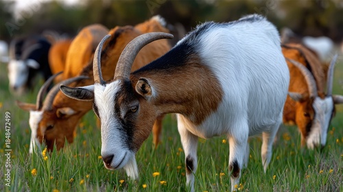 Goats grazing in a field with sunlight and copy space