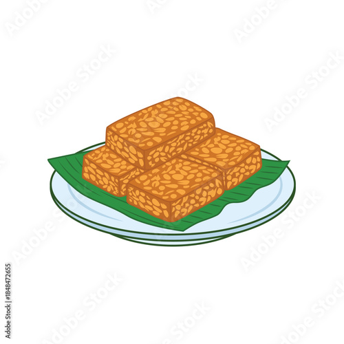 Flat vector illustration of traditional Indonesian tempeh served on a banana leaf and white plate.