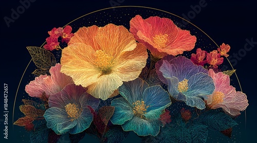 Vibrant abstract floral arrangement featuring multicolored line art flowers with golden accents against a deep navy background