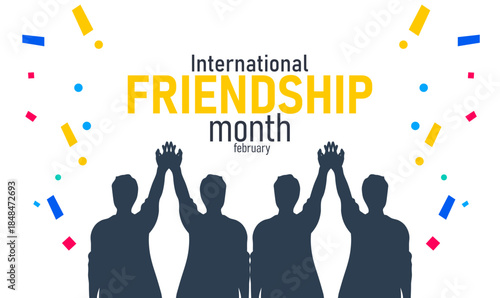 International Friendship Month Poster Banner and Background Design Template Featuring People Holding Hands, Heart, and Globe Illustration for Unity, Friendship Celebration, and Global Connection Theme