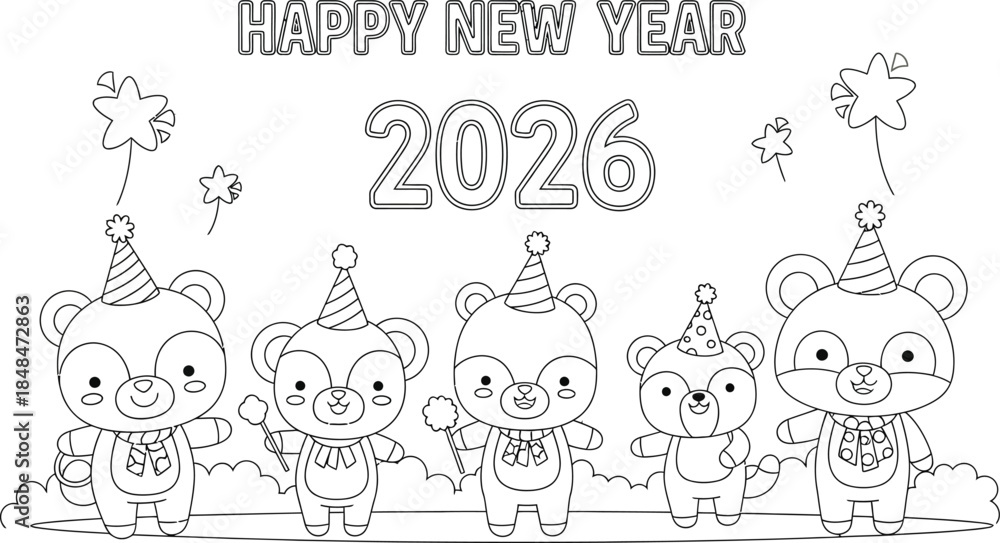 Fototapeta premium Happy new year 2026 coloring page with cute animals