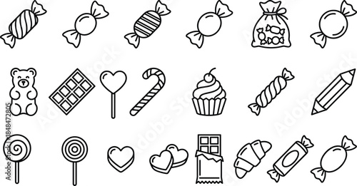 Candy sweets line icons set, dessert chocolate lollipop cupcake symbols collection, confectionery treats vector illustration pack design