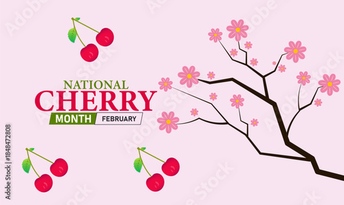 National Cherry Month Poster Banner and Background Design Template Featuring Fresh Cherries, Cherry Bunch Illustration, and Dessert Icons for Culinary Celebration, Healthy Eating, and February Fruit 