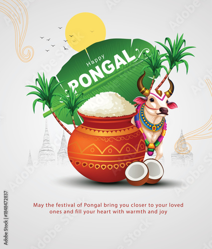 Tamil Nadu festival Happy Pongal with Pongal props, holiday Background, pongal celebration greeting card, abstract vector illustration design.