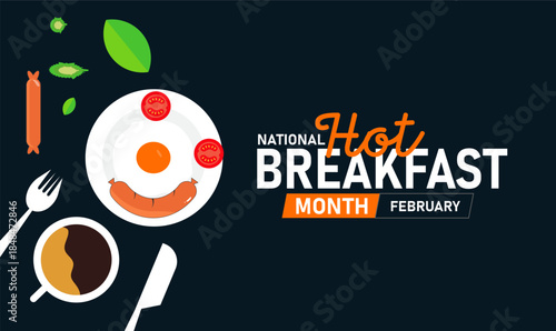 National Hot Breakfast Month Poster Banner and Background Design Template Featuring Bowl of Oatmeal, Eggs, and Toast Illustration for Morning Meal Celebration, Healthy Eating, and February Culinary Th