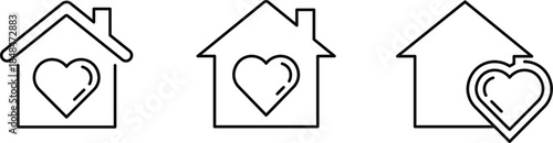 Three outline house with hearts inside on white background house heart love home