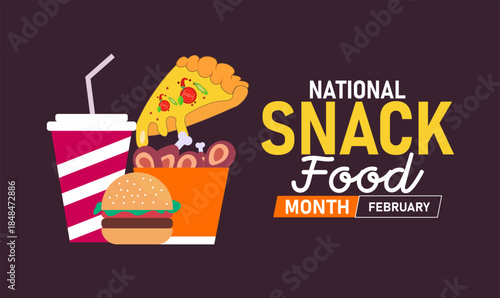 National Snack Food Month Poster Banner and Background Design Template Featuring Chips, Popcorn, and Snack Icons Illustration for Culinary Celebration, Quick Bites, and February Food Festival Theme