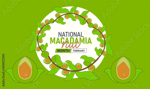 National Macadamia Nut Month Poster Banner and Background Design Template Featuring Macadamia Nuts, Shells, and Culinary Illustration for Healthy Snack Celebration, Nut Appreciation, and February Food