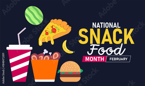 National Snack Food Month Poster Banner and Background Design Template Featuring Chips, Popcorn, and Snack Icons Illustration for Culinary Celebration, Quick Bites, and February Food Festival Theme