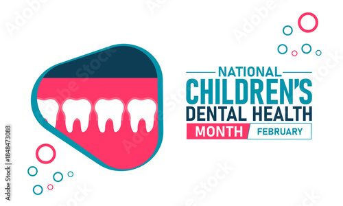 National Childrens Dental Health Month Poster Banner and Background Design Template Featuring Tooth Icon, Dental Tools, and Smiling Child Illustration for Oral Hygiene Education, Prevention, and Febru