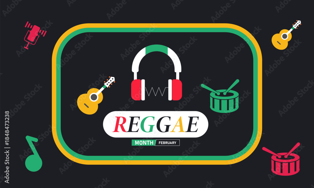 Fototapeta premium Reggae Month Poster Banner and Background Design Template Featuring Musical Notes, Guitar, and Caribbean Theme Illustration for Music Celebration, Cultural Festival, and February Entertainment Theme