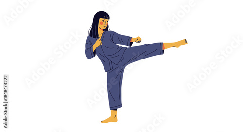 Woman practicing martial arts karate kick self defense technique training and fitness illustration vector
