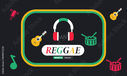 Reggae Month Poster Banner and Background Design Template Featuring Musical Notes, Guitar, and Caribbean Theme Illustration for Music Celebration, Cultural Festival, and February Entertainment Theme