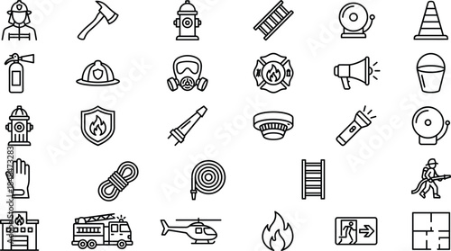 Firefighter safety icons set, fire emergency equipment symbols, rescue tools collection, alarm protection line icons vector illustration