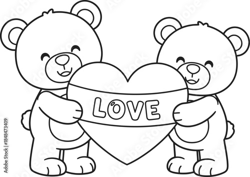 Cute cartoon teddy bears holding a heart coloring page