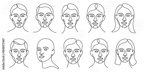 Set of ten different human face shapes outline drawing