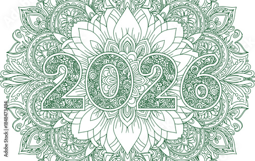 Intricate new year 2026 coloring page line art