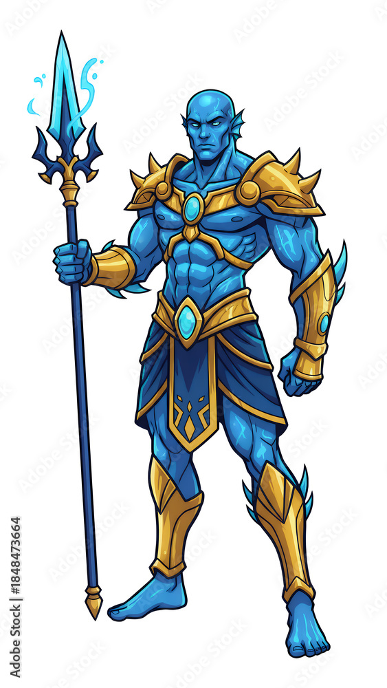 Obraz premium A powerful blue-skinned warrior, an aquatic humanoid figure, stands tall in golden armor, holding a glowing blue trident-like spear, ready for battle.