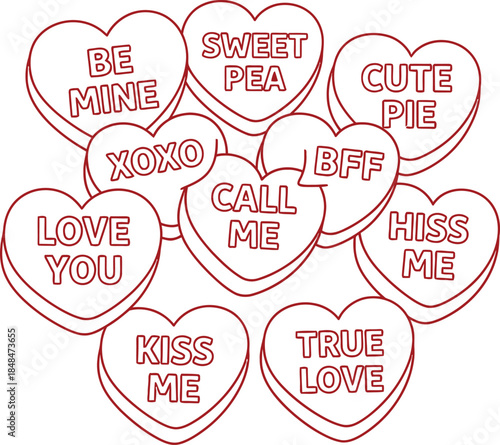 Hand drawn sketch of valentine s day conversation hearts