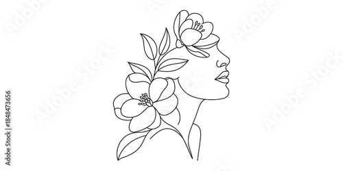 Minimalist line art woman profile with flowers