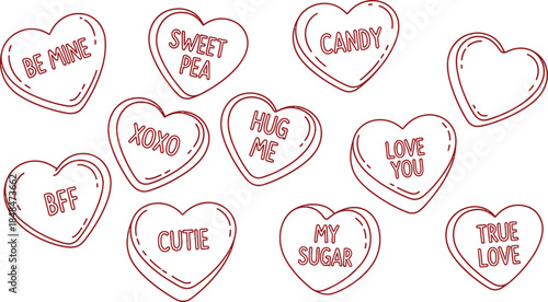 Hand drawn black and white conversation hearts sketch