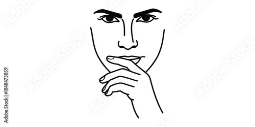 Man making a shushing gesture with finger on lips, line art